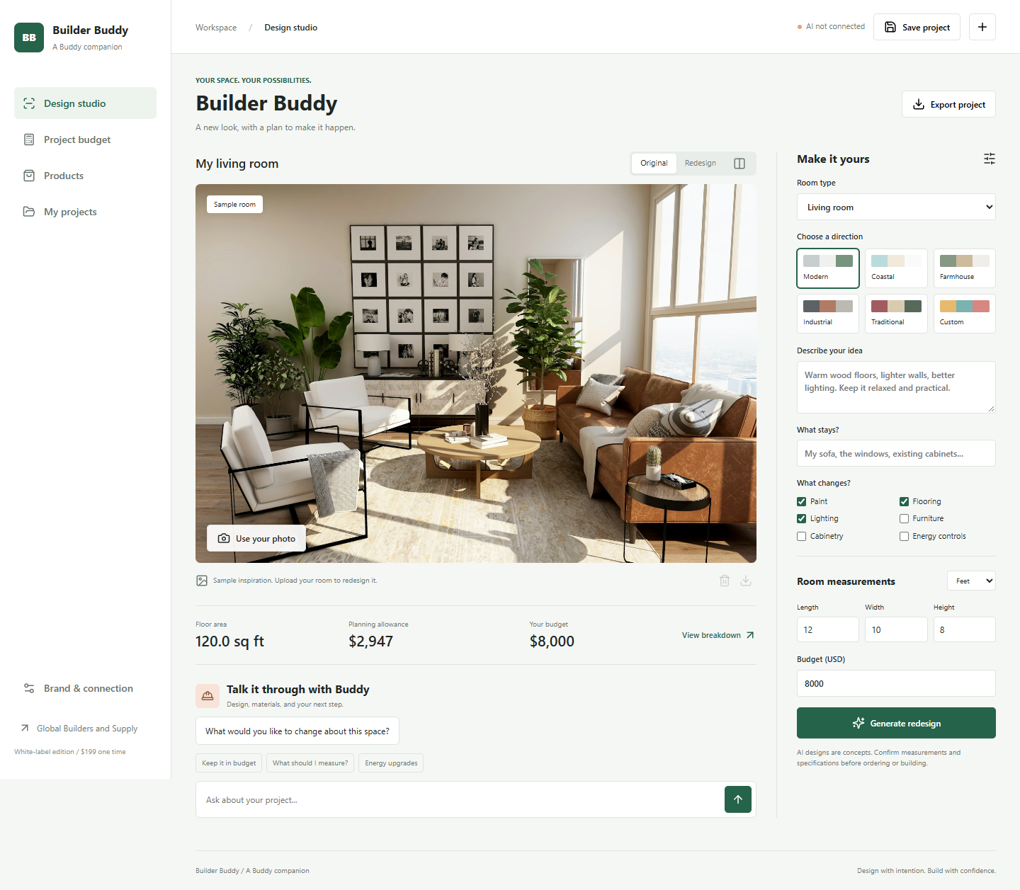 Builder Buddy workspace showing a room photo, style options, room dimensions, a planning allowance and Buddy chat