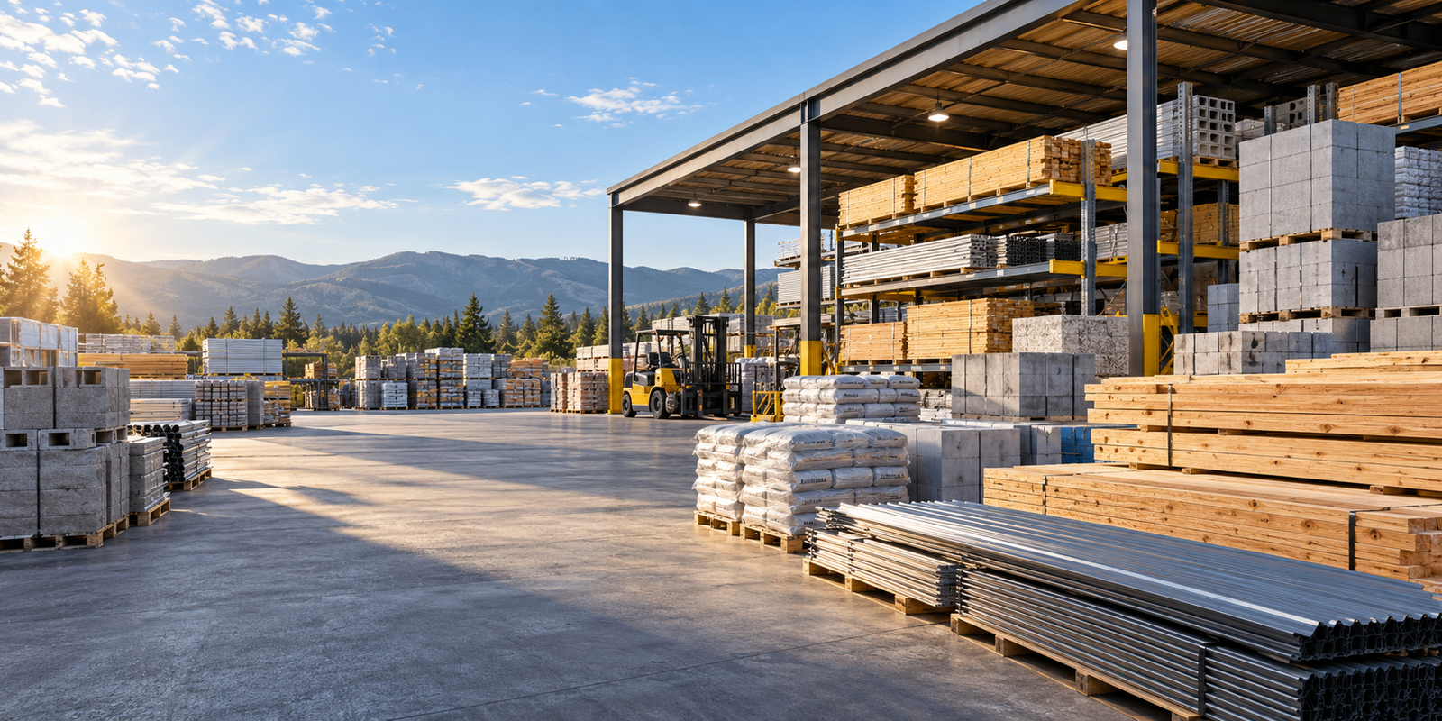 Organized building materials yard with lumber, masonry blocks, metal roofing, and a forklift